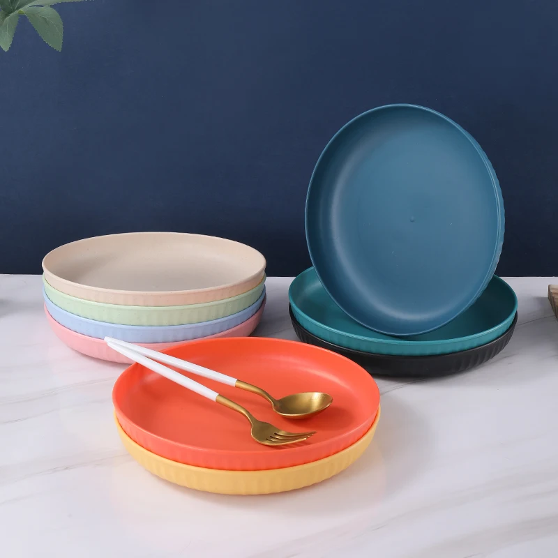 Multi-color options wheat straw dishes unbreakable dining plates round fruit food wheat straw plate set