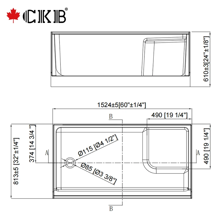 CKB 5 Years Warranty Left Right Drainer With Seat Rectangle Bathroom White Acrylic Shower Base