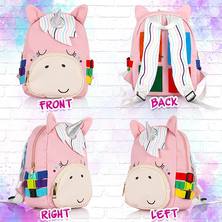 Custom cartoon unicorn toddler school bags busy board learning backpack montessori educational toys