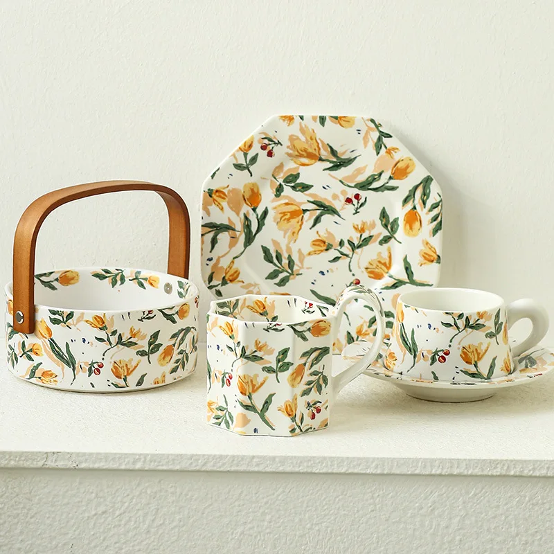 Wholesale custom nordic creative flower pattern bamboo wood set ceramic fruit salad bowl for home