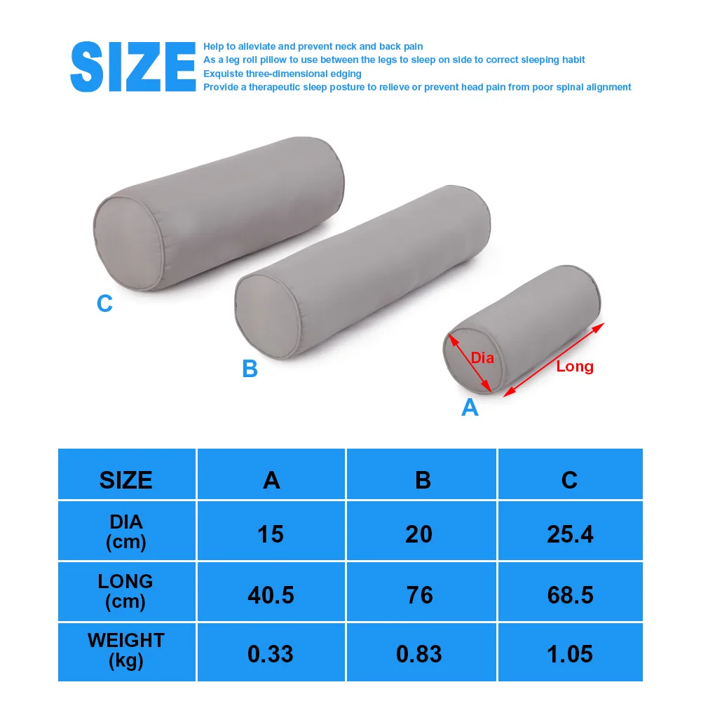 Factory Direct Sale Premium Lumbar Round Roll Bolster Roll Cushion Pillow for Head Neck Back Legs