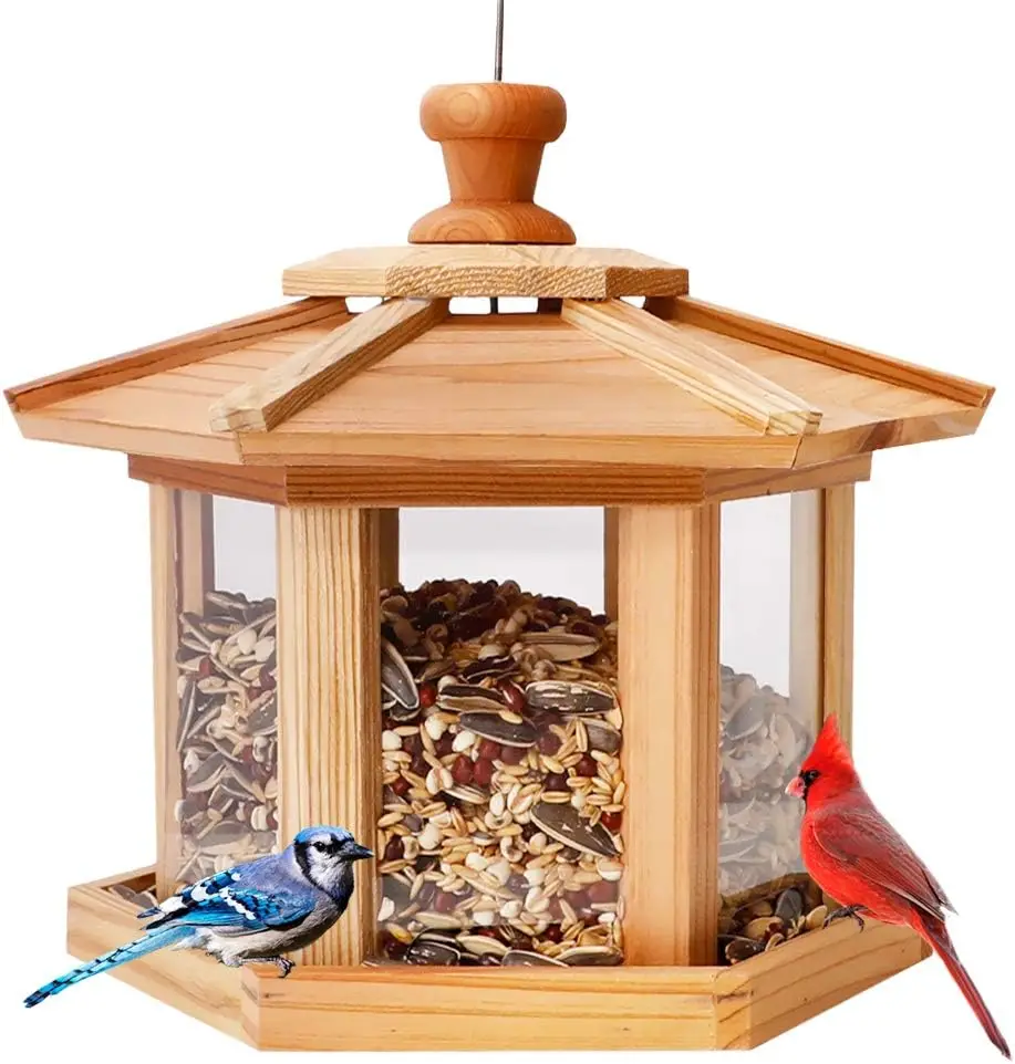 Hexagon Shaped Gazebo Bird Feeder, USA Cedar, Hollow Mesh Tray, Large Capacity, Easy to Clean & Fill