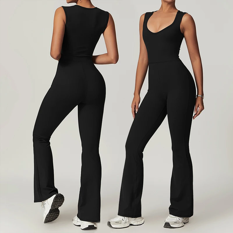 New Womens One Pieces Gym Sets Activewear Tight Sports Yoga Jumpsuit Casual Flared Pants Fitness Wear Stretch Workout Bodysuits