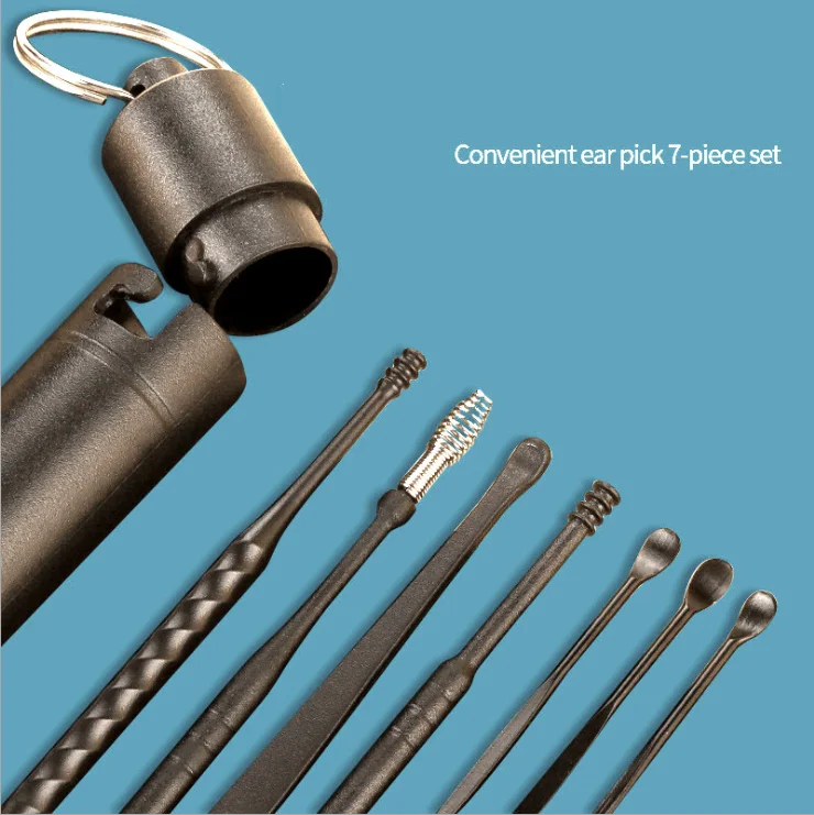 7 Pcs Portable Black Stainless Steel Ear Pick Ear wax Removal Kit Ear Spoon Cleaning Tool