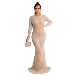 New arrival Elegant luxury stripe crystal long sleeve decor dress tulle see-through prom maxi dress without underwear for sale
