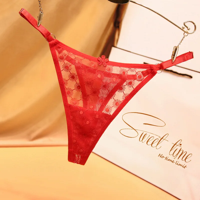 Sweet desire micro sexy floral jacquard thong female low waist breathable tulle adjustable strap ladies plus size panties