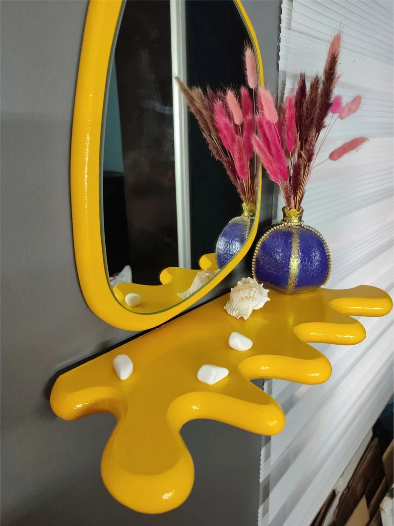 202409 Современная зеркальная волнистая полка и уникальная пышная красочная декор зеркало