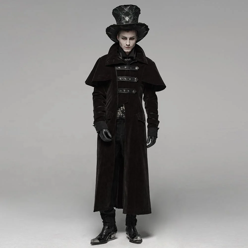 PUNK RAVE WY-1087  Uniform Stand Collar Velvet Long Coat Spliced Leather Button Men Winter Overcoat