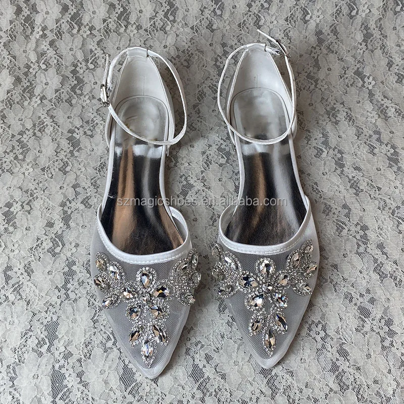 Ladies White Bridal Shoes Flat with Pendant on Top