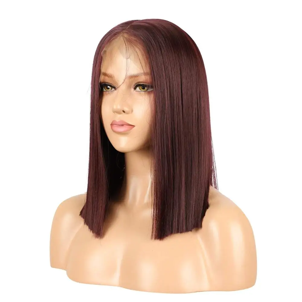 13x6 Wine Red Lace Front Wig, 14 Short Burgundy Bob Wig Silky Straight Middle Part Synthetic Wig for Women, Pre Plucked with Nat