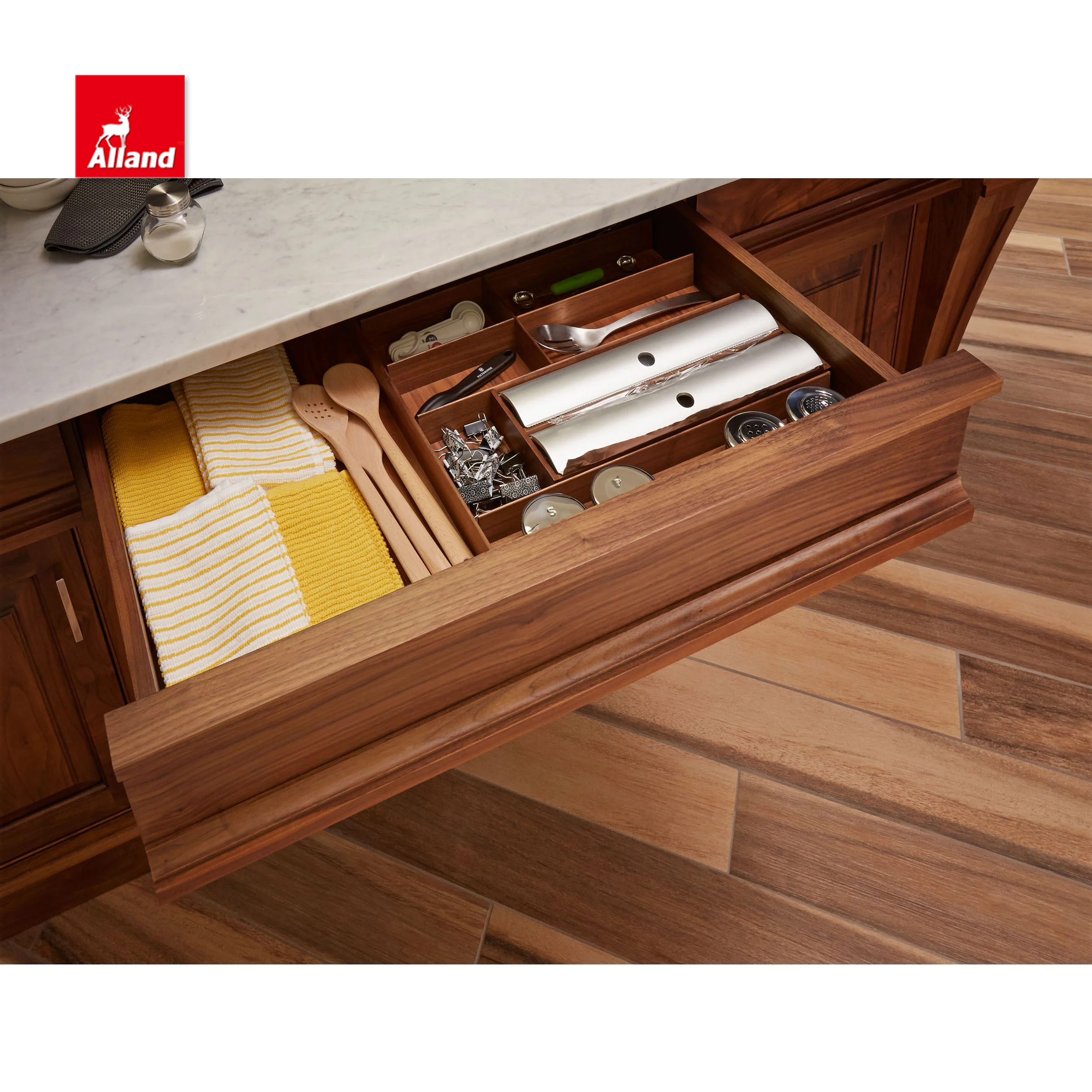 Noble Harmonious Walnut Hardwood Kitchen Cabinet With Horse Legs Double Island And Inner Drawers In Massive Pantry