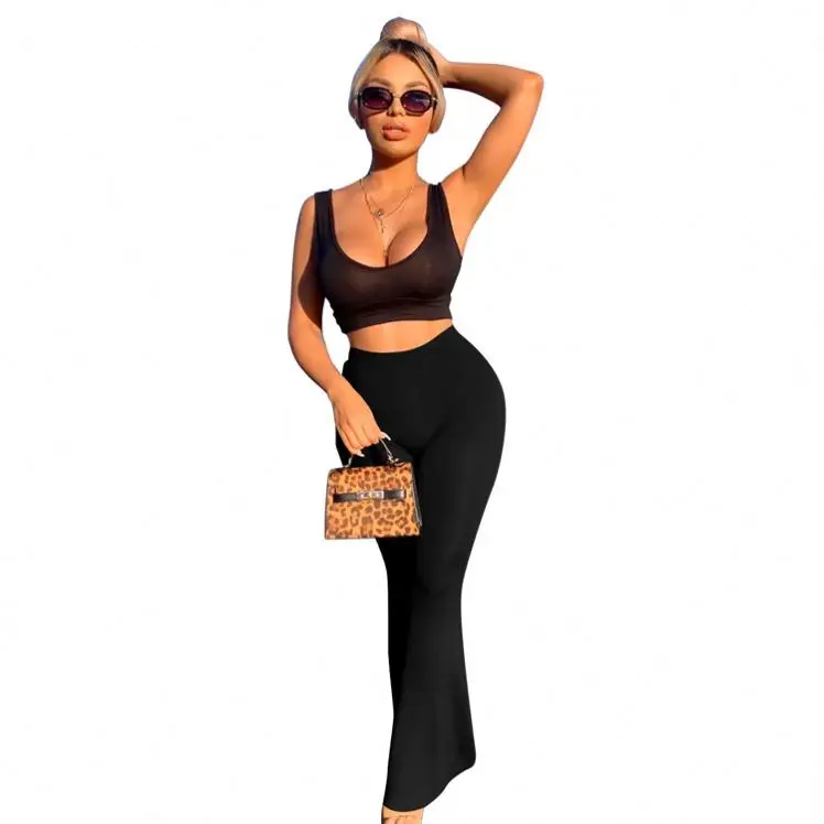 Solid color female street wear ruffle sleeve V-neck top and skinny pant matching womens clothing 2 piece jogger set women
