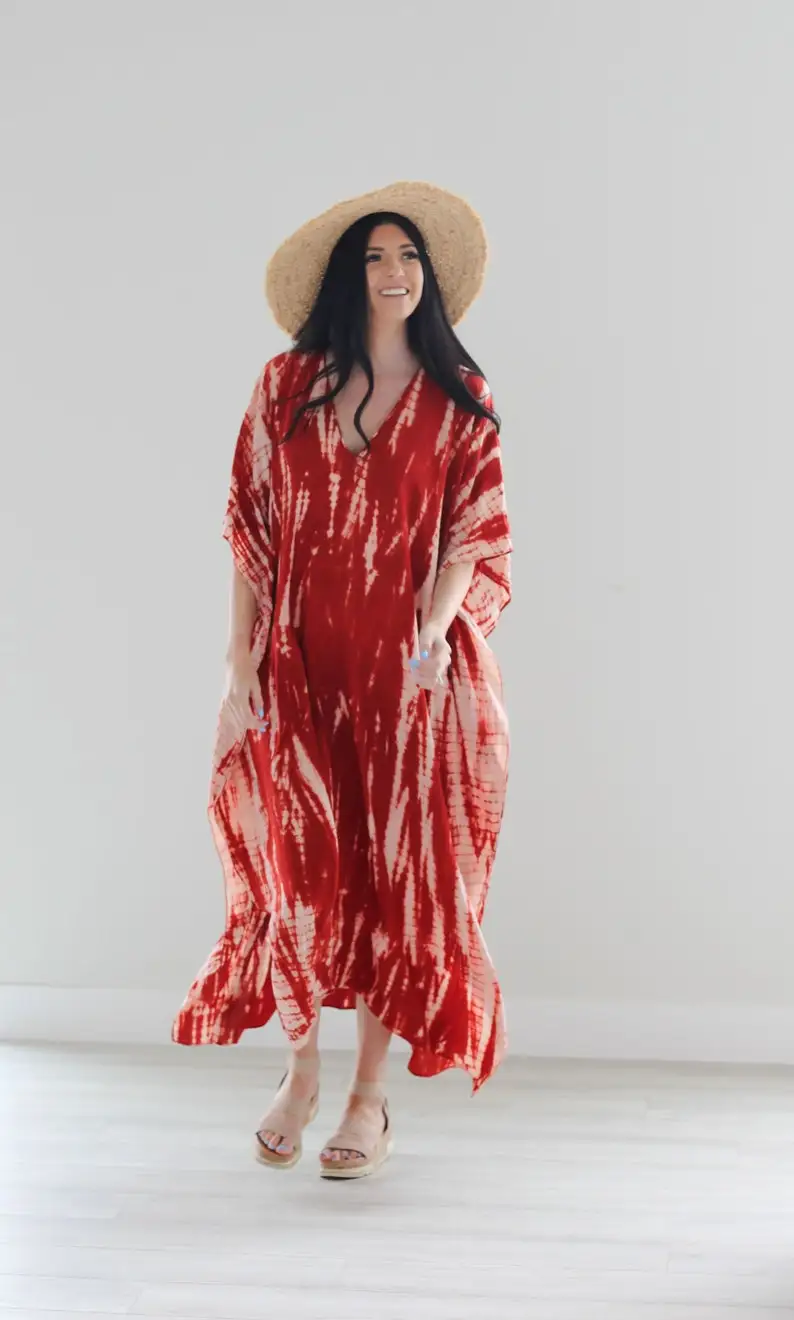 Comfy plus size red kaftan with pockets perfect for Christmas gift for wife Wear Cloths New Cotton Summer Clothing Summer Wear