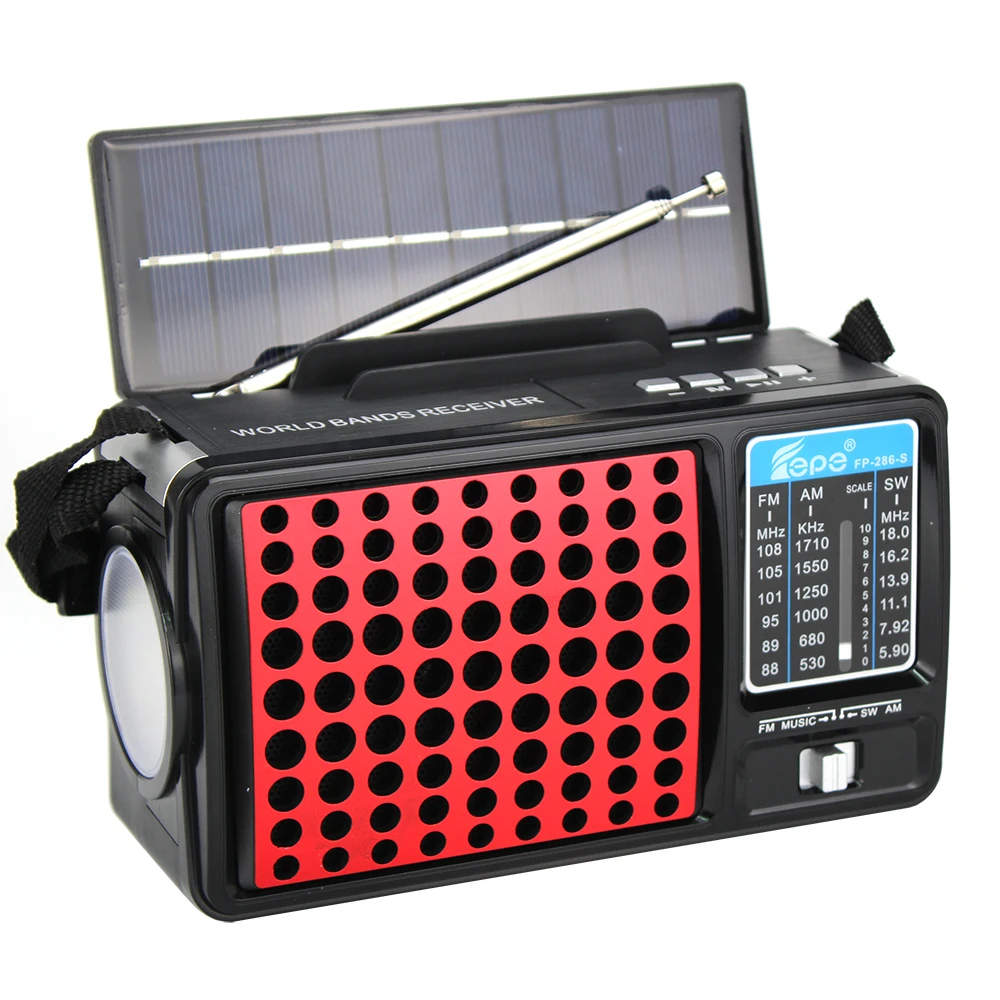 FP-286-S USB TF 18650 Multifunction Portable Radio FM AM SW Rechargeable Solar Radio LED Light