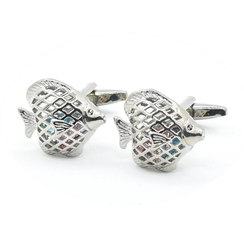 Custom Silver Fish Crystal Diamond Novelty Cuff links Custom Mens Business Formal Suit Shirt Wedding Tuxedo Trendy Cufflinks