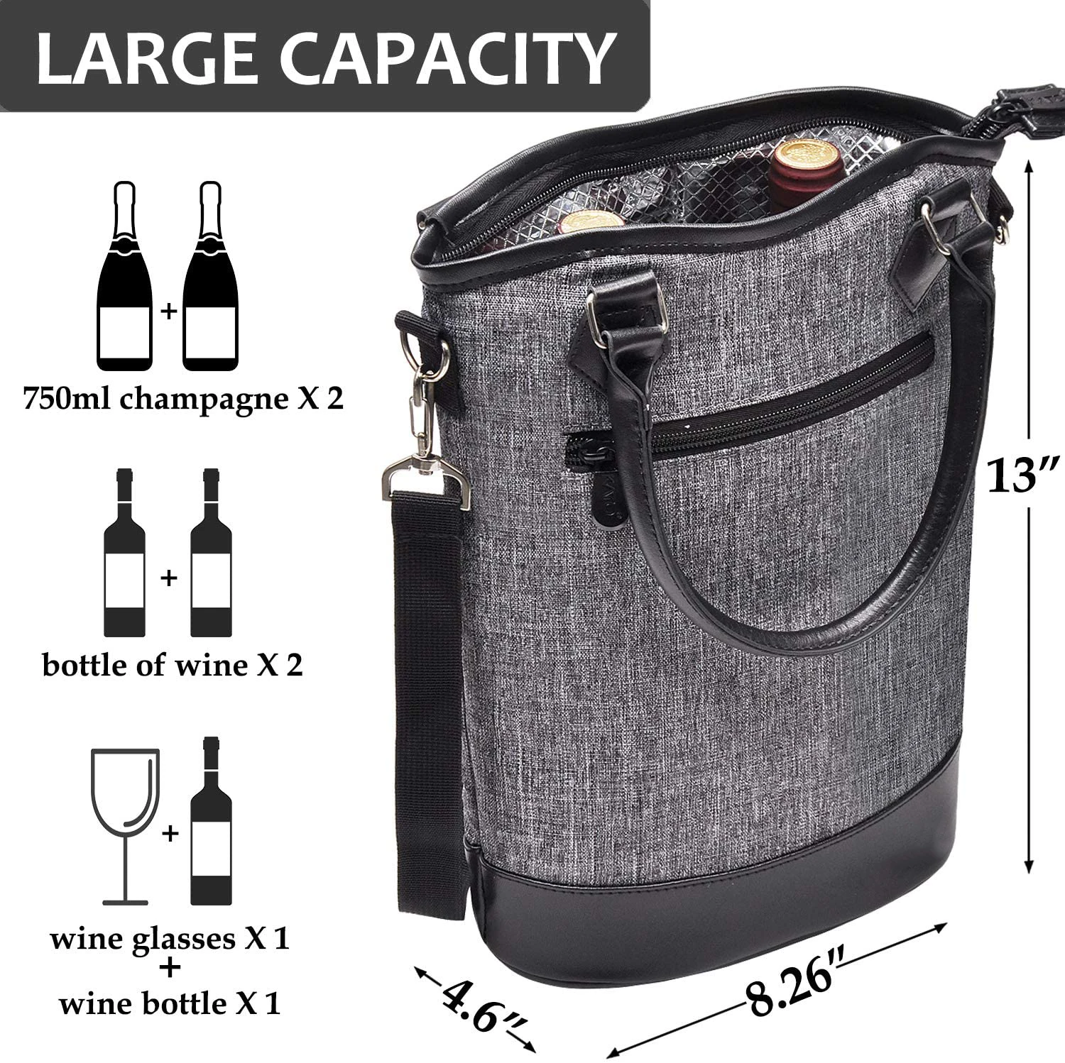 Insulated Wine Carrier Tote - Travel Padded 2 Bottle Wine/Champagne Cooler Bag with Handle and Adjustable Shoulder Strap