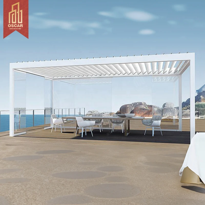 Villa Aluminum Gazebos Awning Wood Pergola Louvred Roof Patio Pergola Luxurious Waterproof Louvre Pavilion