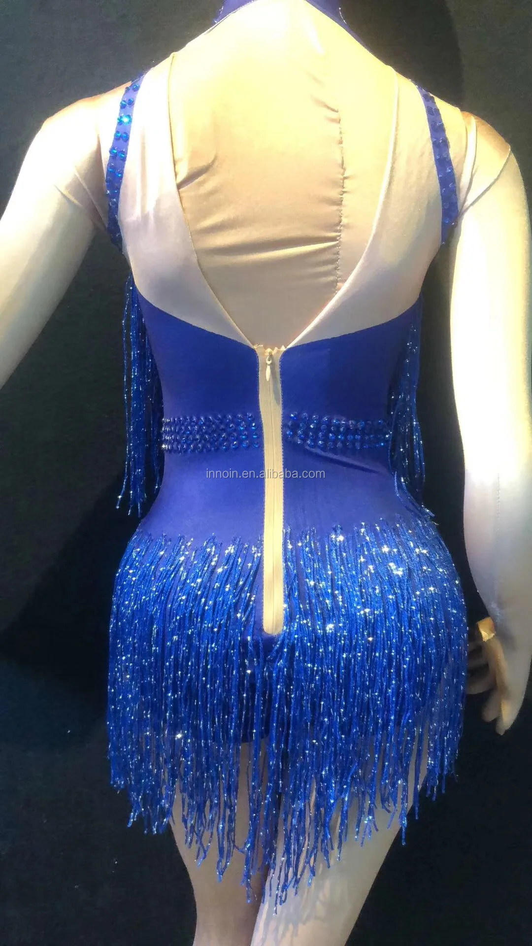 
New Women Glisten Rhinestone Sexy Bodysuit Silver Long Tassel Costume Birthday Celebrate Dance Wear Luxurious Leotard Blue 