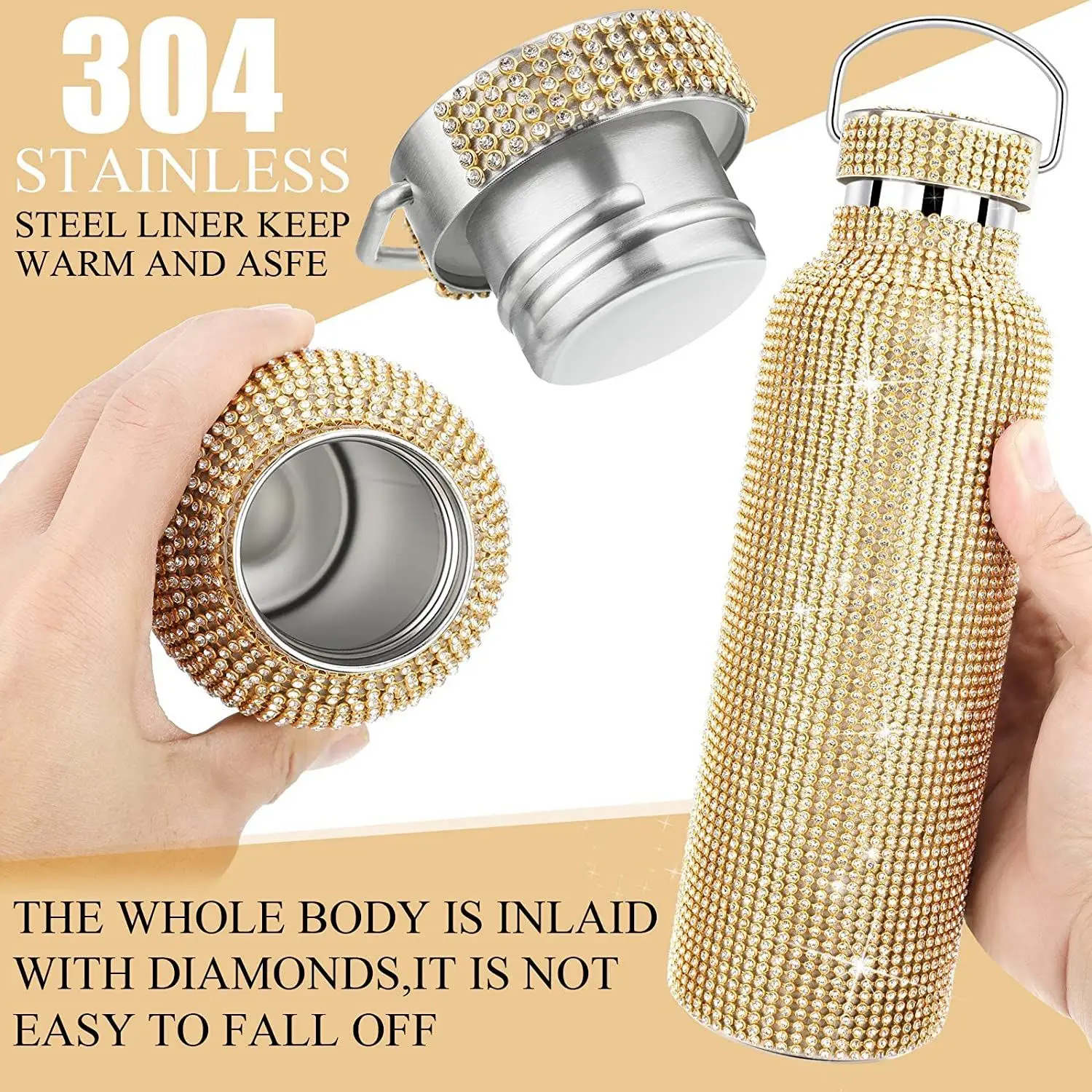 Luxury Diamond Water Bottle with Back Chain Wide Mouth 304 Stainless Steel 24oz 32oz Thermal Crystal Glitter Bling Water Bottles