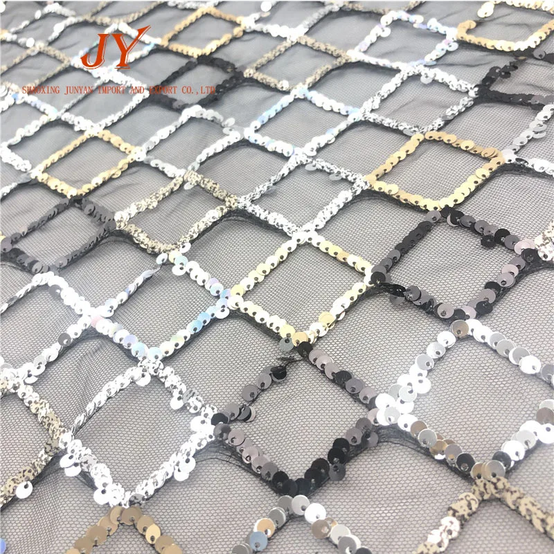 Colorful rhombus embroidered elastic glitter paillette spangle geometric all over sequins embroidery sequin fabric