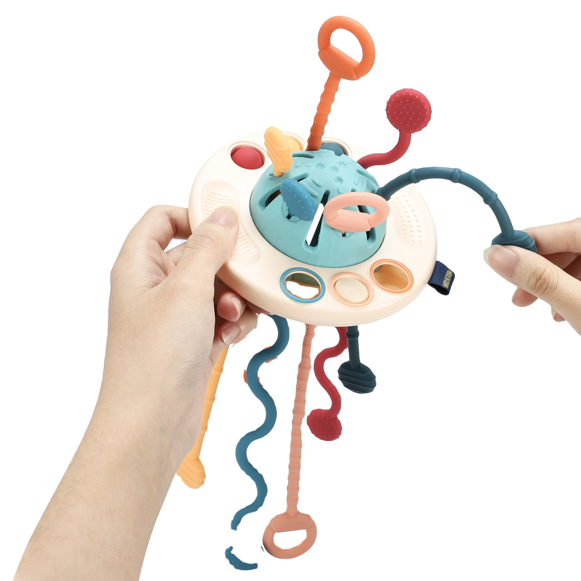 Fast Delivery Finger Activity Sensory Training Educational Baby Soft Teether Food Grade Chew Silicone Pulling String Toy