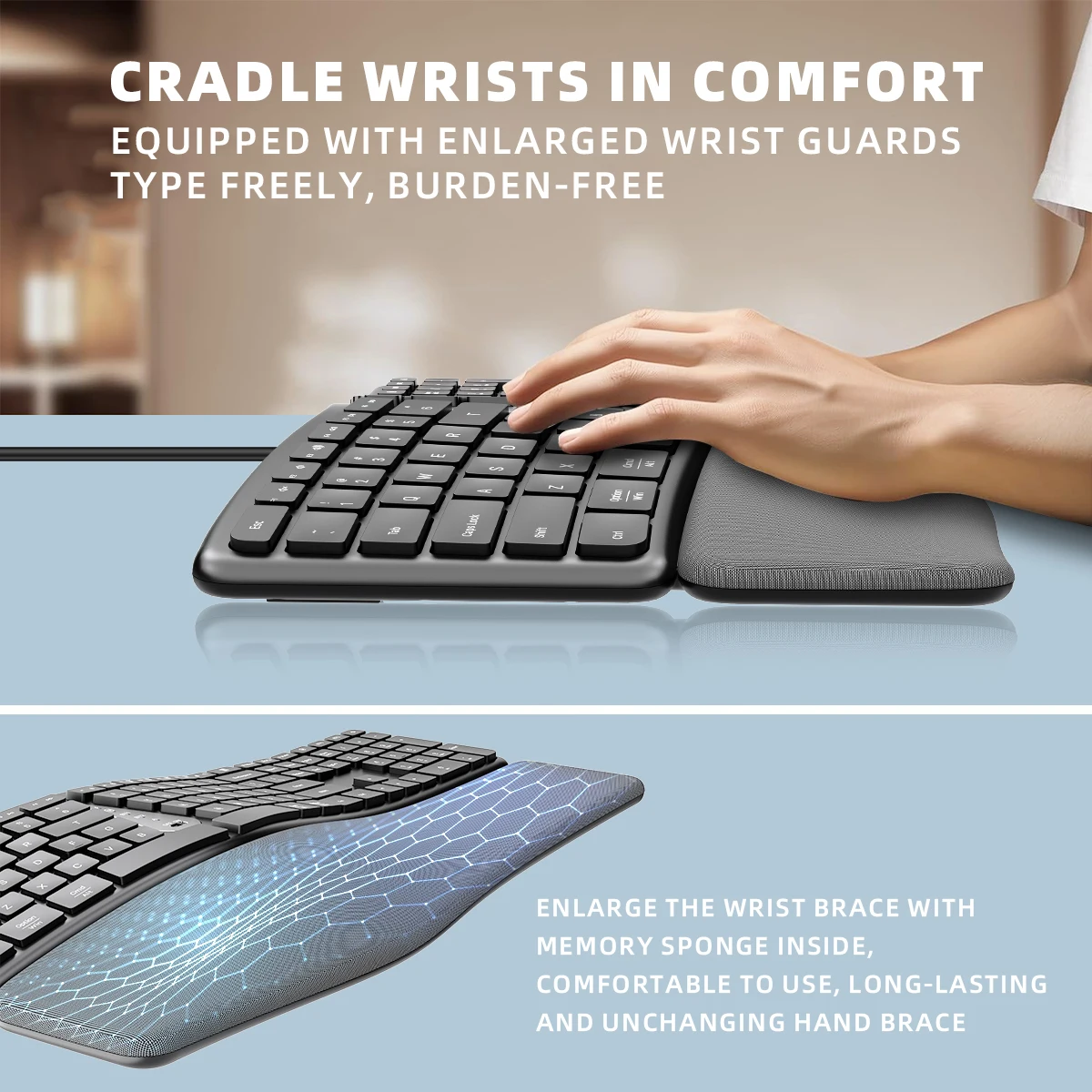 COUSO 111 Keys Keyboard Mouse Waterproof Bluetooth Wireless Ergonomic Keyboard and Ergonomic Mouse with Wrist and Palm Rest