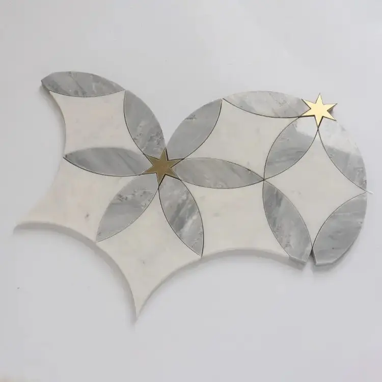 White And Gold Flower Bathroom Wall Floor Mosaic Tile Kitchen Backsplash Waterjet Marble Mosaic