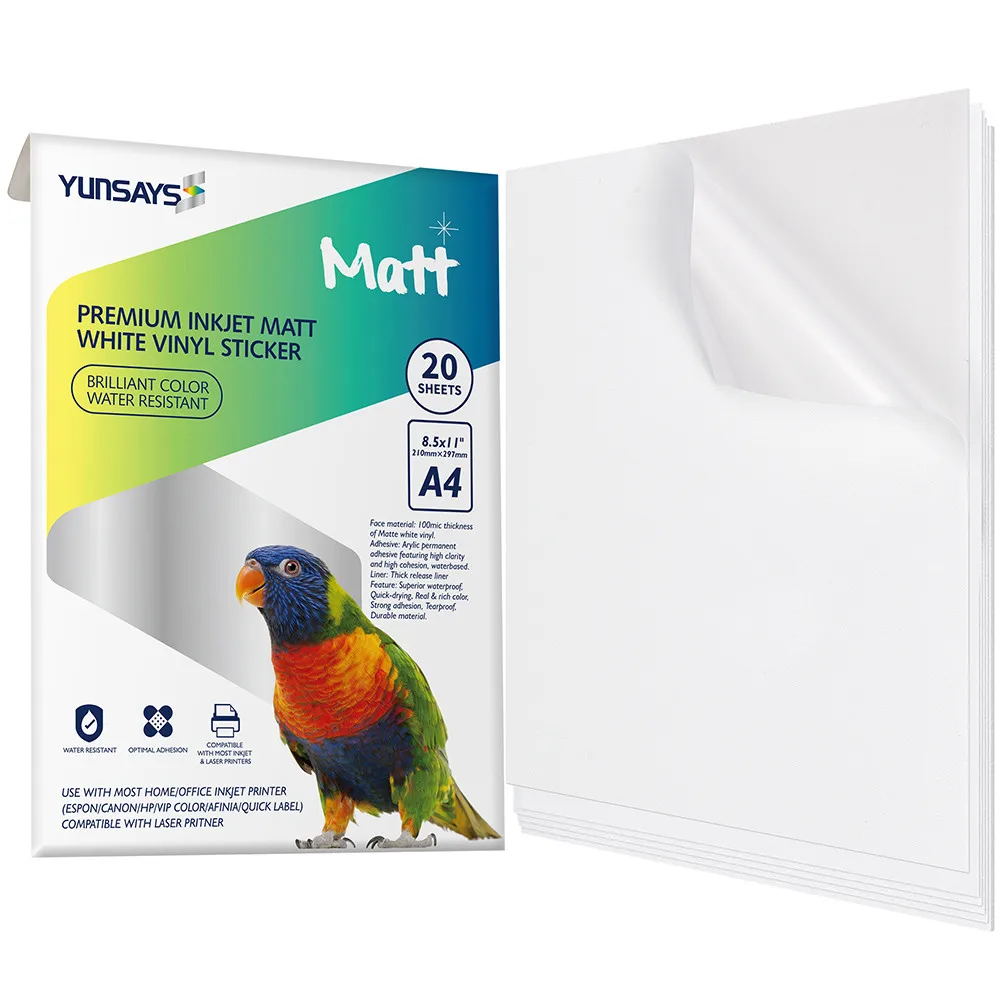 matte White Inkjet memjet Printable Vinyl Sticker Paper A4 & 8.5*11'Size Inkjet Printing Label  Adhesive Waterproof 100 Sheets