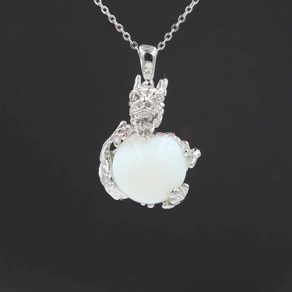 Silver Dragon Wrapped Gemstone Balls Pendant Necklace Chakra Reiki Healing Round Sphere Crystal Point Jewelry for Women Men