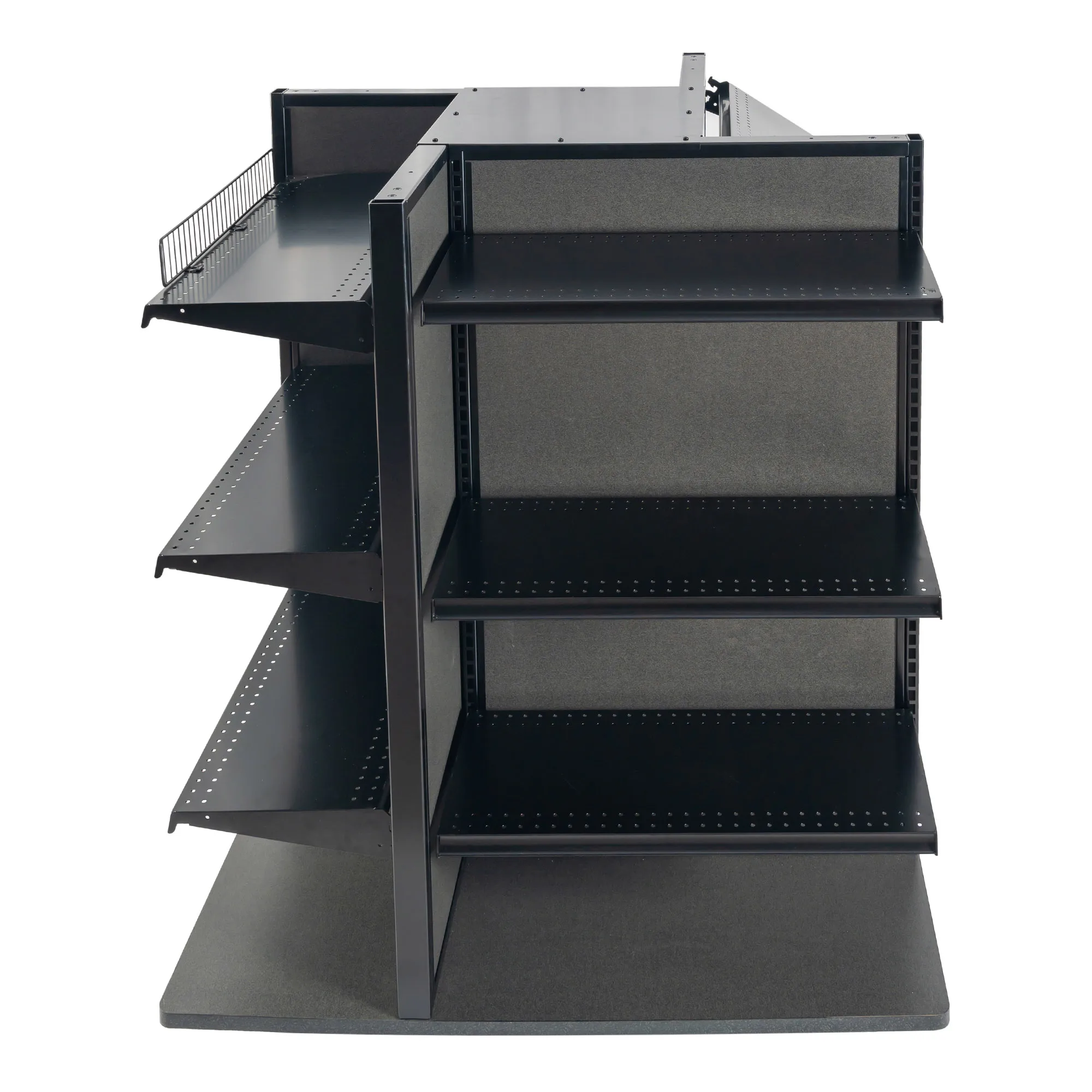 Heavy light duty powder coat melamine metal store display racks 4-sided grocery shelves for supermarket storage