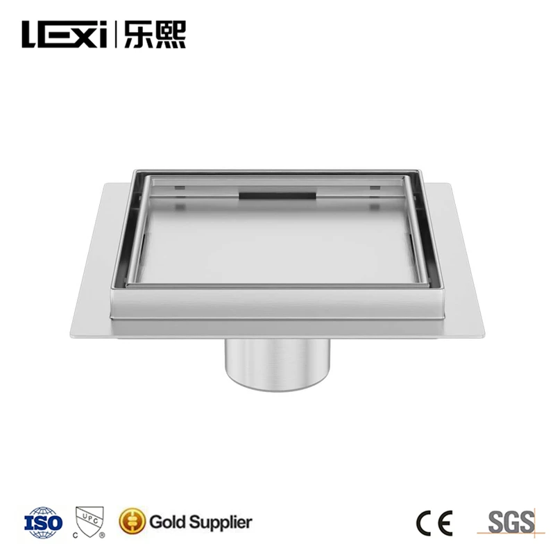 LEXI Bathroom Large Black 6 Inch Square  2-in-1 Tile Insert Drainer Stainless Steel Invisible  Shower Floor Drain With Flange