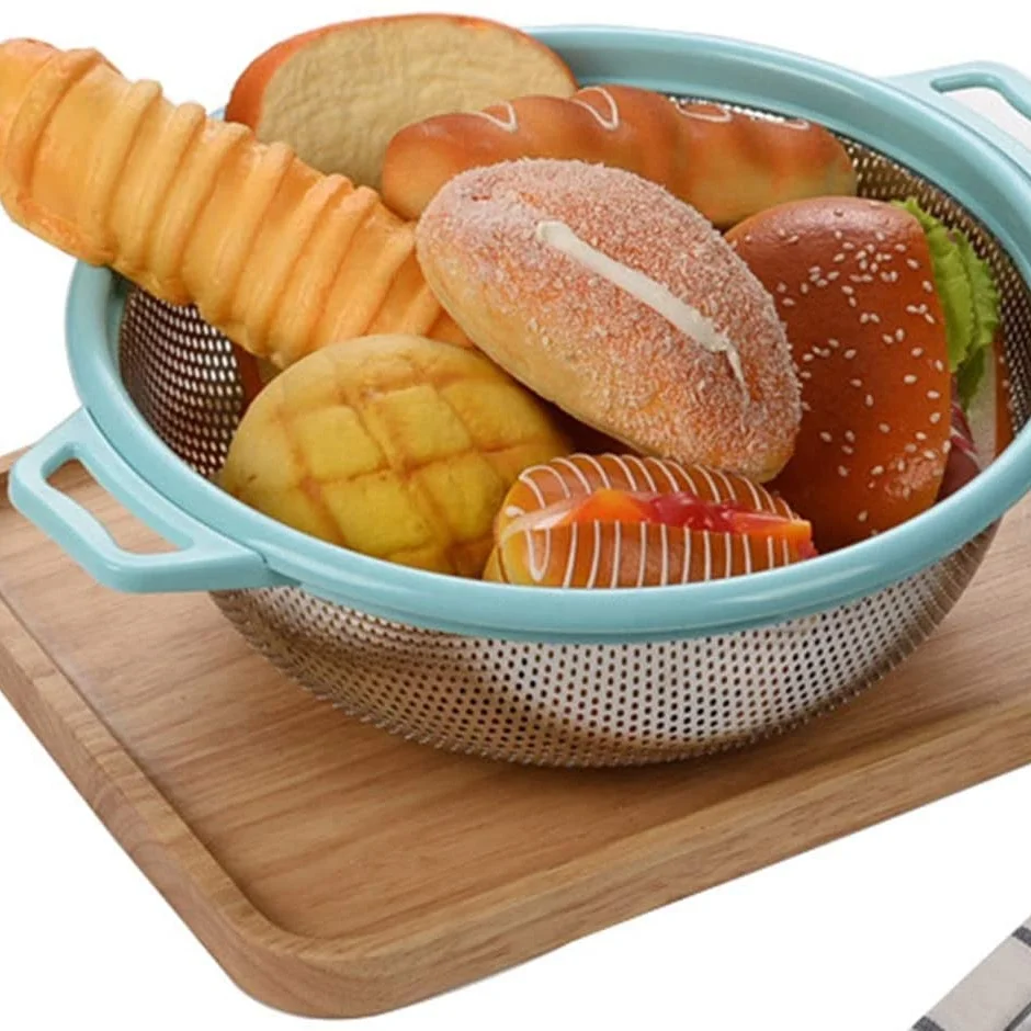 Stainless Steel Non Toxic & Healthy Colorful Plastic Handle Kitchen Fine Colander with Leg