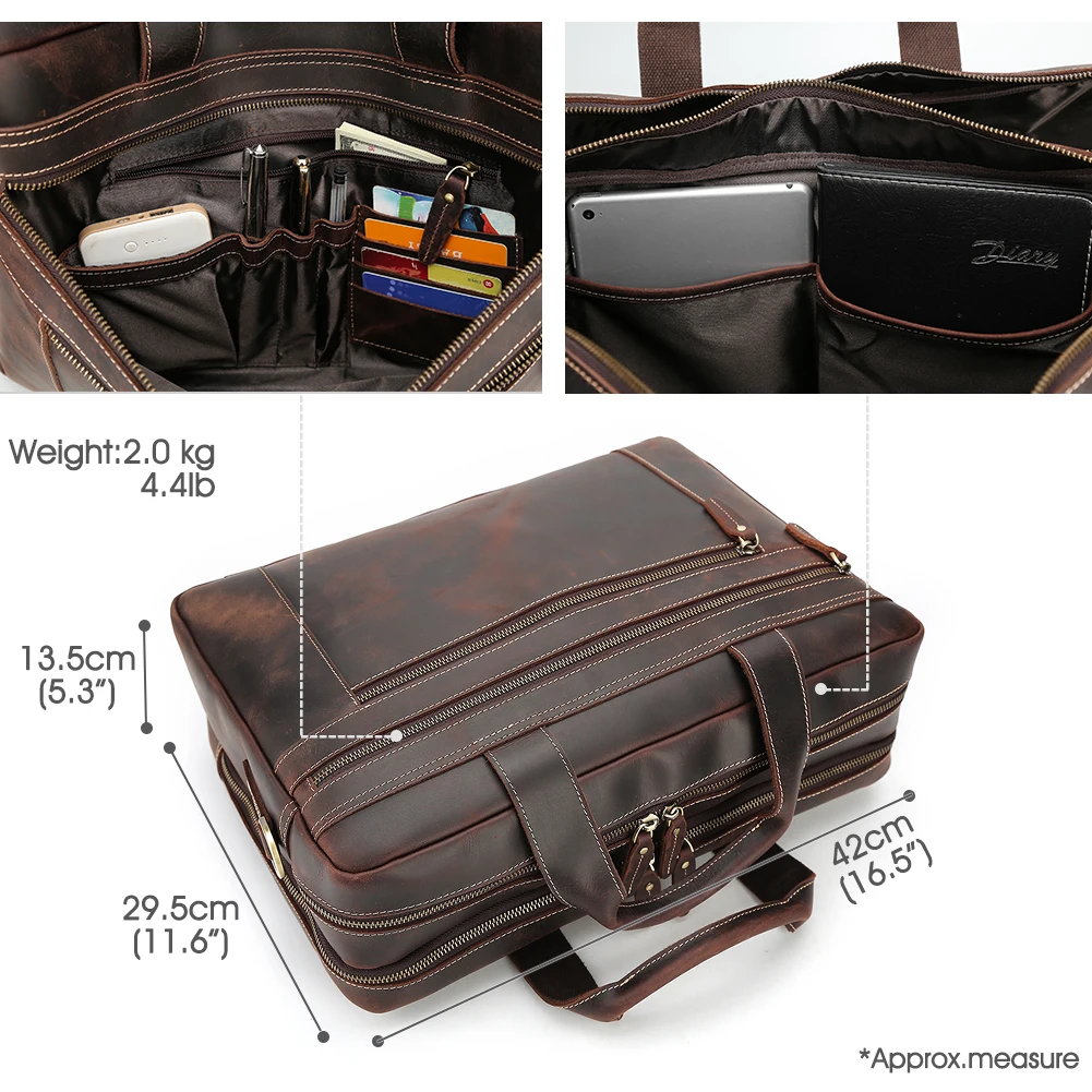 High Quality Brand Large Capacity Vintage Mens Full Grain Genuine Leather Bags Crazy Horse Cow Leather Travel Laptop Briefcase