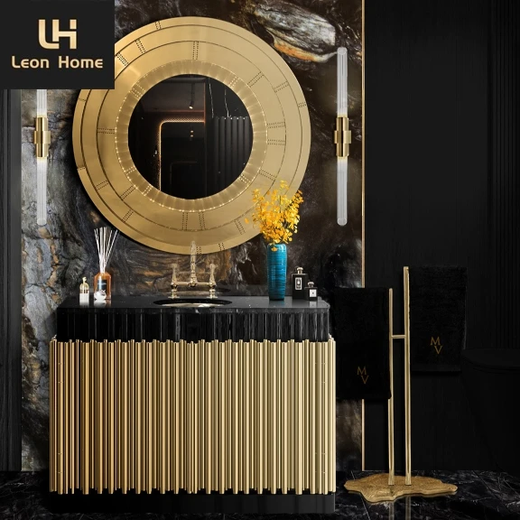 Customized bathroom cabinet with sink stainless steel black marble top small size washbasin