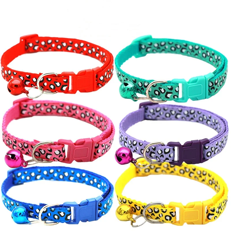 Fashionable Small Pet Puppy Leopard Printed Nylon Dog Collar Polyester with Coated Plastic and Colored Small Bell pet collar