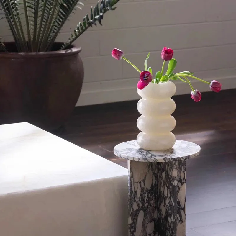 Elegant White Onyx Flower Vase Home Ornaments Natural Stone Vase Spiral Luxury Marble Flower Vase