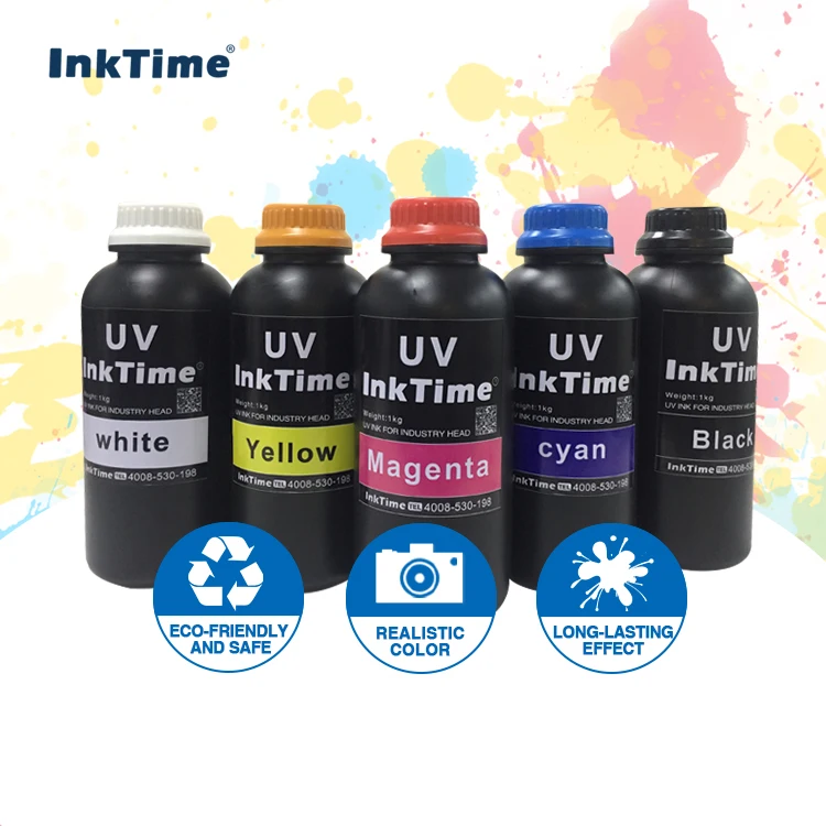 Inktime high quality CMYK White 5 Colors UV LED Curable printing Ink for Industrial Printheads Soft and Hard Materials