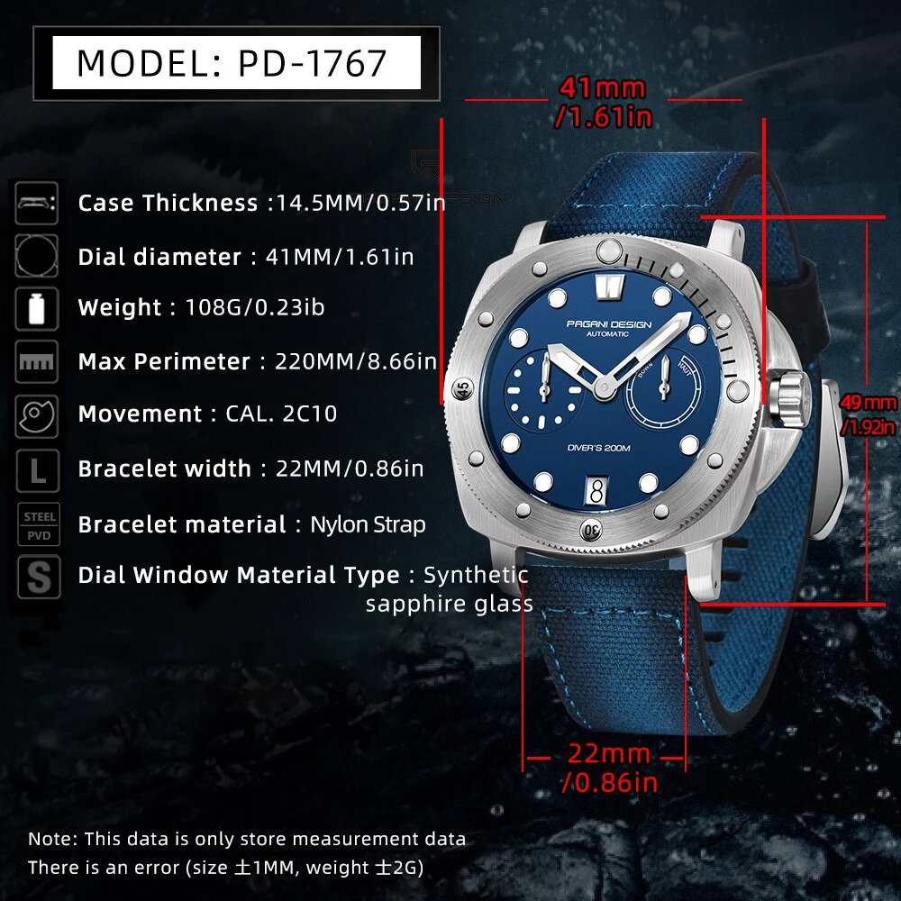 Custom Your Own Logo Pagani Design 1767 Pd Automatic Mechanical Luxury Sapphire Glass Waterproof Stainless Steel Watch For Men