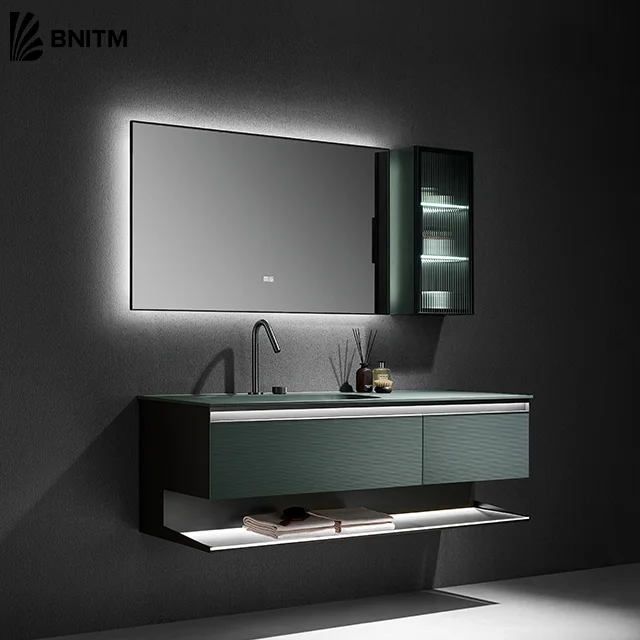 BNITM 2023 Modern Design Stainless Steel Bathroom Cabinet Set Led Mirror Hotel Bathroom Vanity Makeup with sink