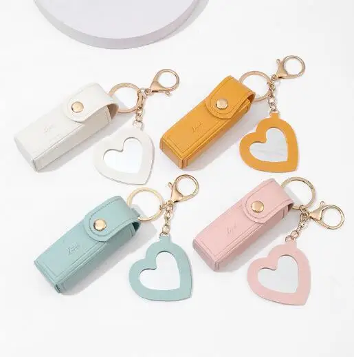 PU Leather Potable Chapstick Holder Key Chain Bulk with Mirror Lipstick Holder Keychain Lipstick Travel Makeup Storage Case