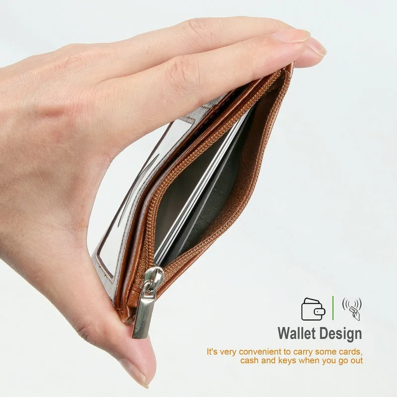 RFID PU Leather Credit Card Case Portable Multi Card Slots Zipper Wallet ID Badge Card Holder With Hand Strap