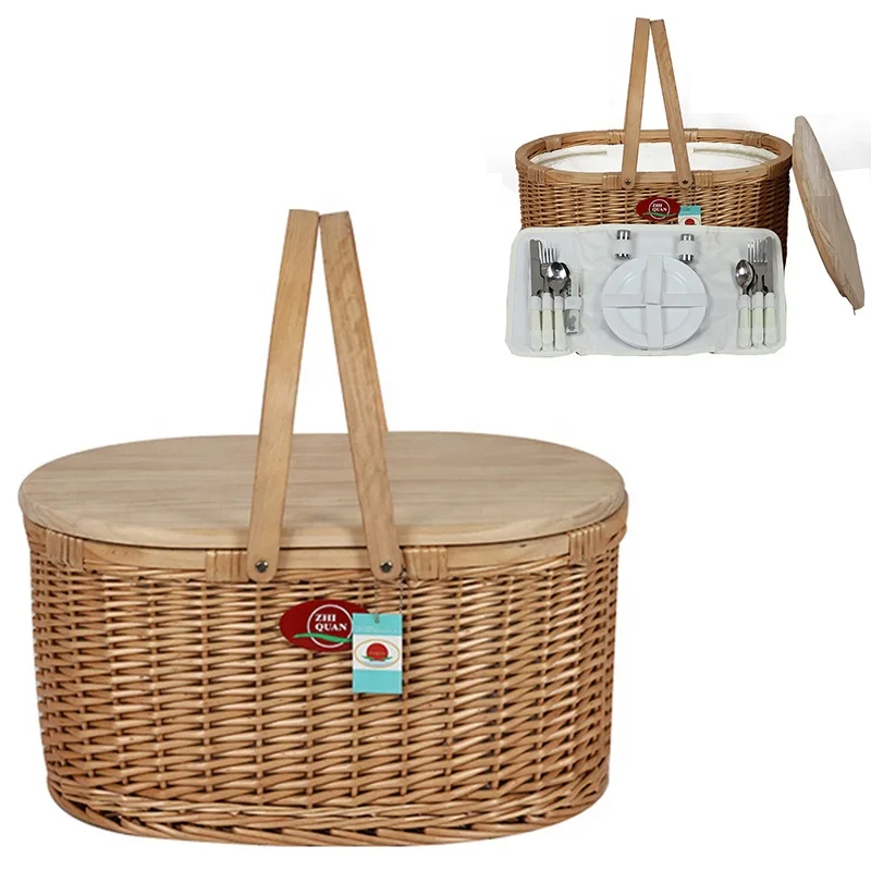 round beach rattan willow Outdoor Oval Storage Picnic Baskets Wicker Insulated Cooler Basket with cutlery chip 4 person