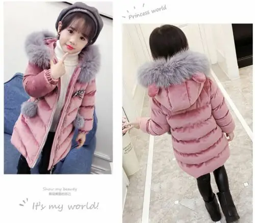 
Kids Girls Thick Velvet Quilt Jacket Fur Collar Long Parka Coat Overwear Winter 