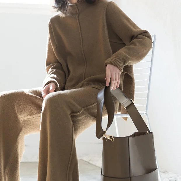 
2020 autumn winter casual thick cashmere knit with long pant sweater sets women 