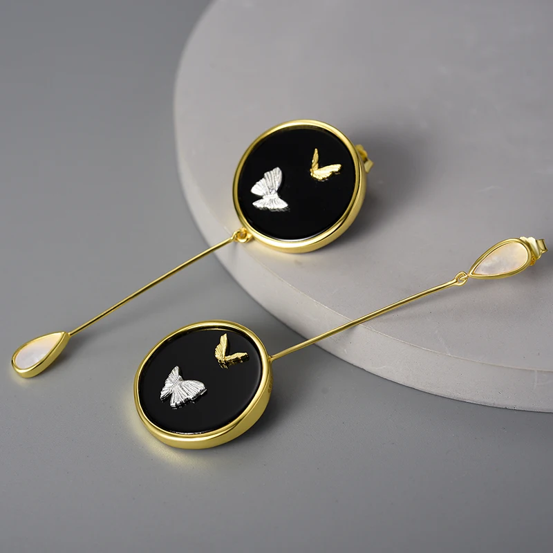 Luxury Natural Agate Stone Flying Butterfly Asymmetrical Long Dangle Earrings 925 Sterling Silver 18k goldfine jewelry for women