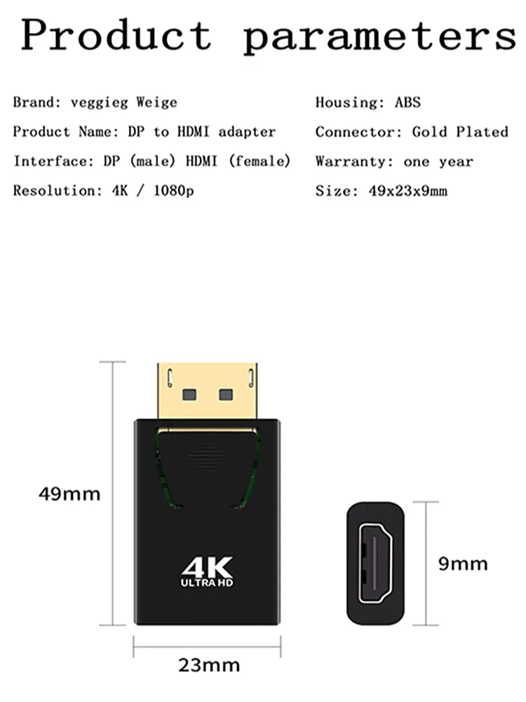 Veggieg Hot Selling Dp To Hdmi Adapter 4k Male To Female Converter Head For hdtv Display Port