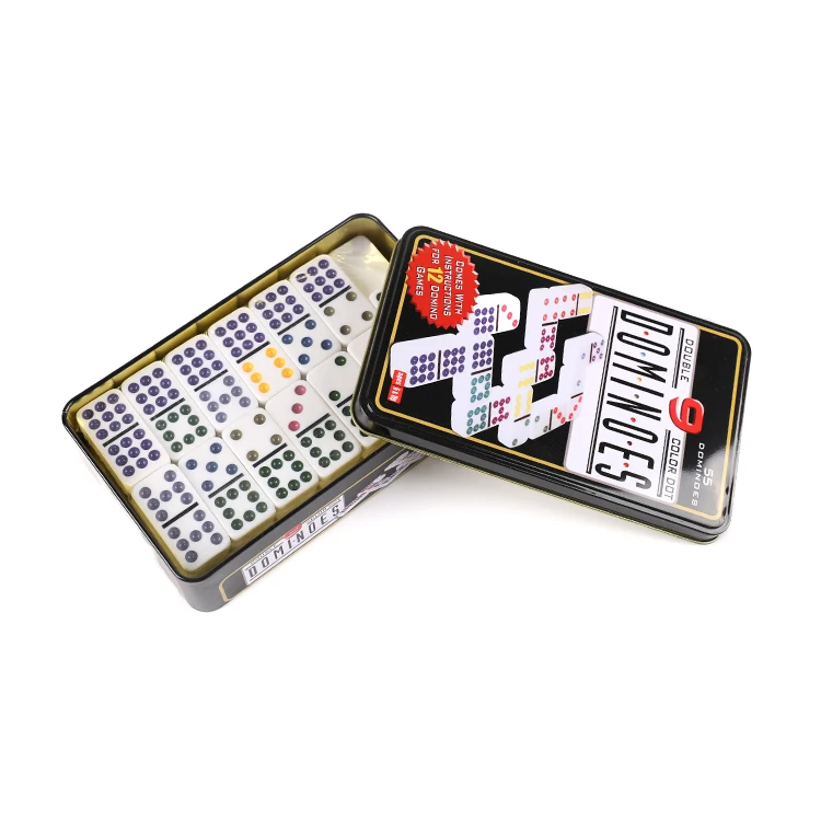 Education toy custom double 9 tin box packaging white card color dot domino