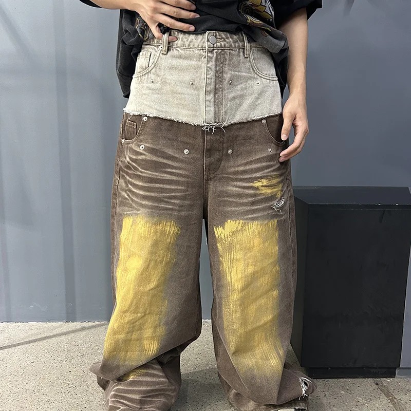 Manufacturer Acid Wash Vintage Wide Leg Jeans Oversized Distressed Baggy Denim Pants Custom Double Waist Flared Jeans for Men