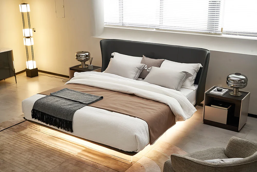 Italian Design Villa With Sensor Atmosphere LED Light Modern Bedroom Furniture Set  Apartment Up-holstered Beds