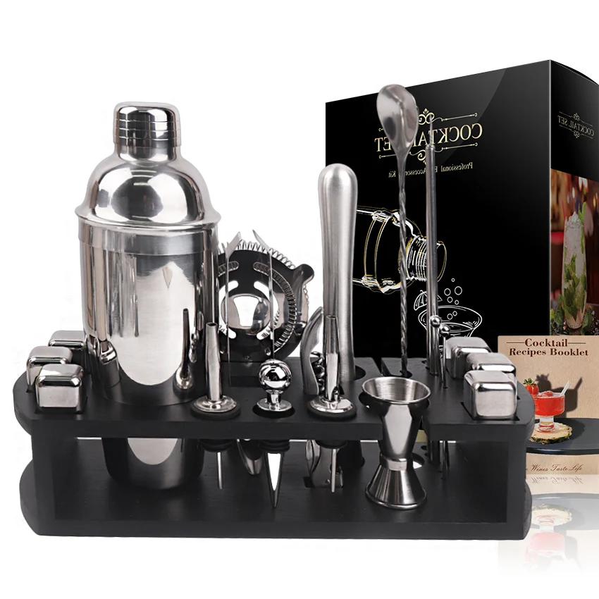 22-Piece Bartender Kit Drink Shaker Stainless Steel Cocktail Shaker Set with Black Wooden Stand